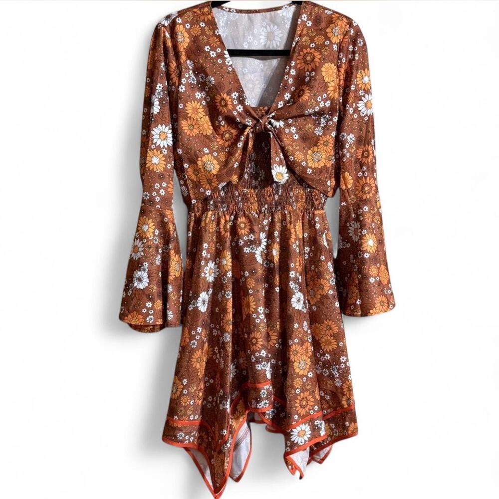 Retro Stage Floral Dress Set XL Tie Front Shrug Handkerchief Hem